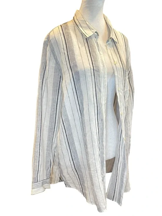 Coastal European Linen Oversized Boyfriend Shirt Blue Stripe Relaxed Chic - Picture 2 of 8